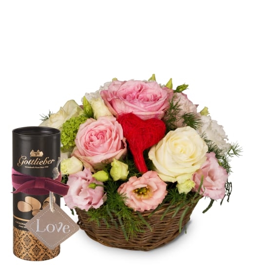 A Basket Filled with Love with Gottlieber cocoa almonds and hanging gift tag Â«LoveÂ» (Minimum)