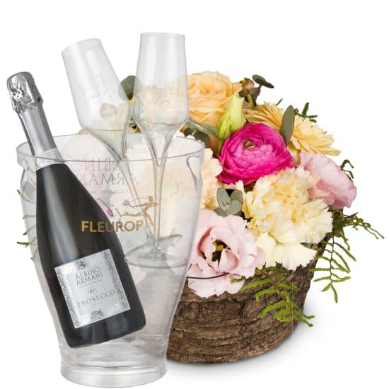 Blumenarrangement „Sanfte Frühlingsmelodie“ mit Prosecco Albino Armani DOC (Mindestmenge)