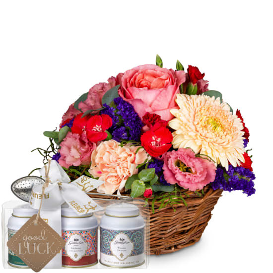 Melody of Colour mit Gottlieber Tee-Geschenkset und hängendem Geschenkanhänger «Viel Glück» (Minimum)