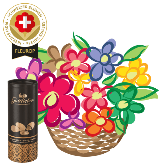 Seasonal arrangement with Swiss flowers with Gottlieber cocoa almonds (Minimum)