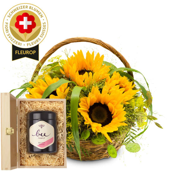 Sonnenblumenarrangement mit Schweizer Blumen und Bee-Family Schweizer Blütenhonig