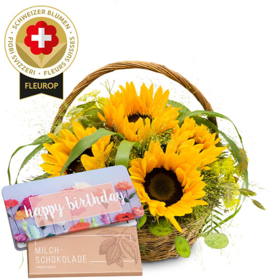 Sonnenblumenarrangement mit Schweizer Blumen und Munz-Tafel Schokolade «Happy Birthday»