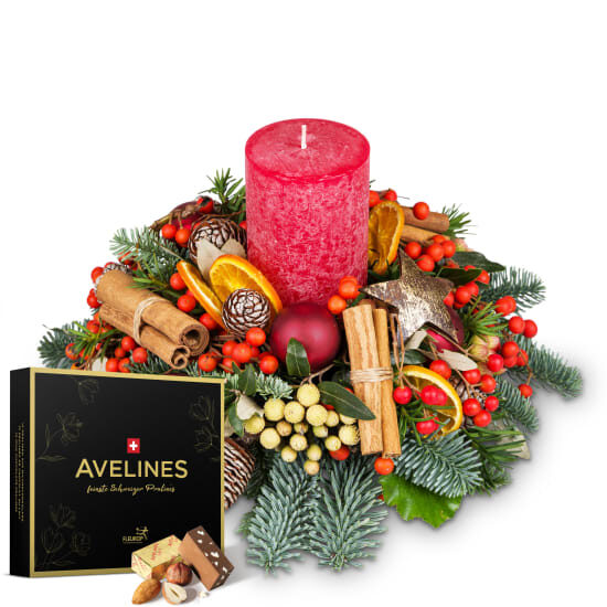 Kerzenarrangement „Festlich & Glamourös“ mit Avelines-Pralinen von Maestrani (Minimum)