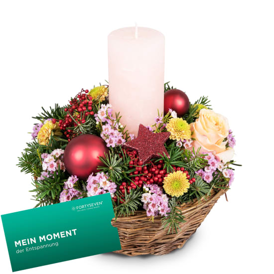 Kerzenarrangement „Die Magie des Advents“ mit einem Geschenkgutschein im Wert von CHF 100.- von der Wellness-Therme FORTYSEVEN (Mindestbestellwert)