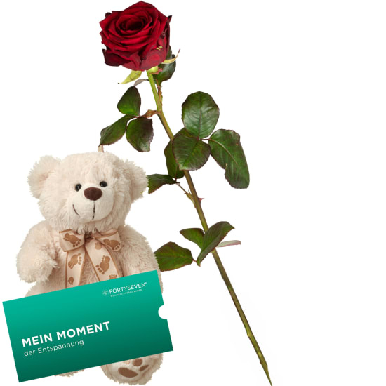 1 Rote Rose mit Teddybär und ein CHF 50.- Geschenkgutschein der Wellness-Therme FORTYSEVEN