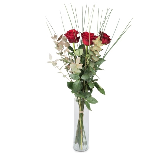 3 rote Rosen mit Grün