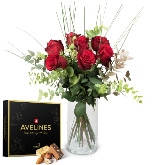 7 rote Rosen mit Grün und Avelines-Pralinen von Maestrani