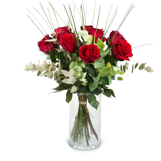 9 rote Rosen mit Grün