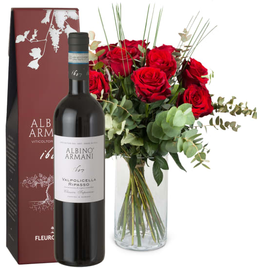 12 rote Rosen mit viel Grün und Ripasso Albino Armani Doc (Minimum)