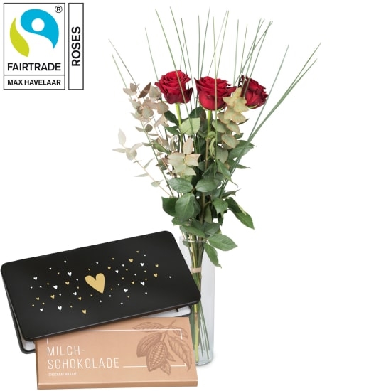 3 rote Fairtrade Max Havelaar-Rosen mit Grün und Munz Tafel Schokolade «Herz»