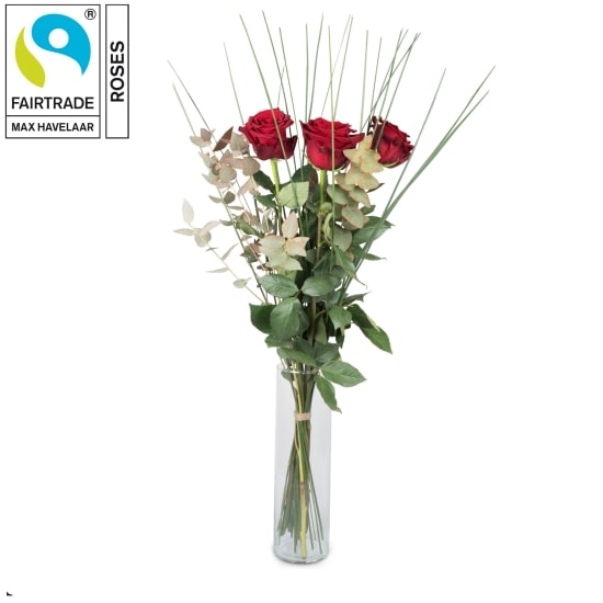 3 rote Fairtrade Max Havelaar-Rosen mit Grün