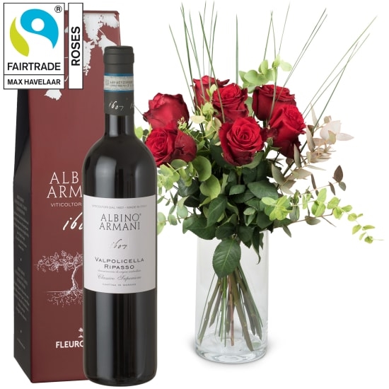 7 rote Fairtrade Max Havelaar-Rosen mit Grün und Ripasso Albino Armani DOC (75 cl)