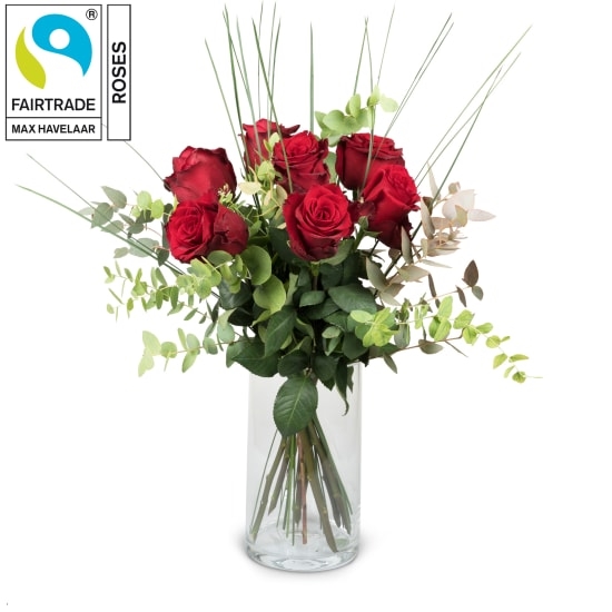 7 rote Fairtrade Max Havelaar-Rosen mit Grün