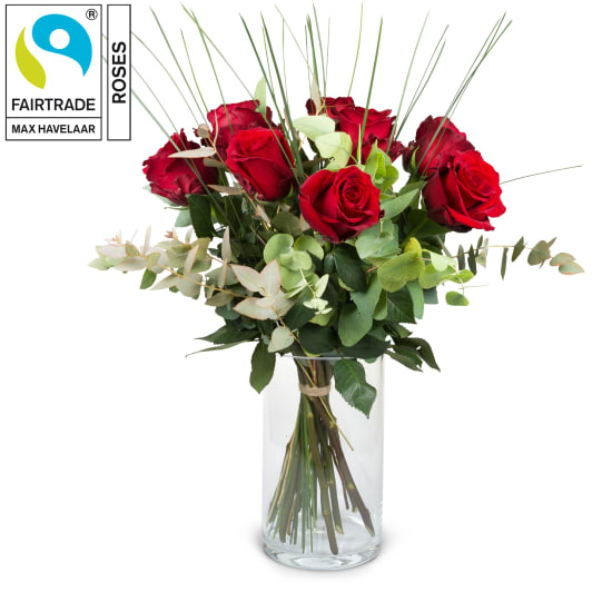 9 Rote Fairtrade Max Havelaar-Rosen mit viel Grün (Minimum)