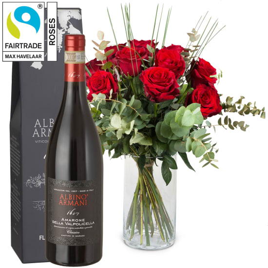 12 rote Fairtrade Max Havelaar-Rosen mit Grün und Amarone Albino Armani DOCG (75 cl)