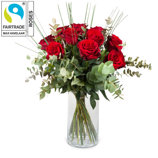 12 rote Fairtrade Max Havelaar-Rosen mit Grün