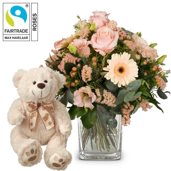 Zarter saisonaler Strauß mit Fairtrade Max Havelaar-Rosen mit Teddybär (Minimum)