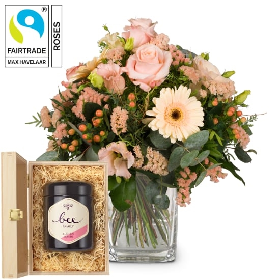 Zartes saisonales Bouquet mit Fairtrade Max Havelaar-Rosen und Bee-Family Schweizer Blütenhonig (Minimum)