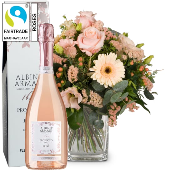 Zarter Saisonstrauß mit Fairtrade Max Havelaar-Rosen und Prosecco Rose Albino Armani DOC (Minimum)