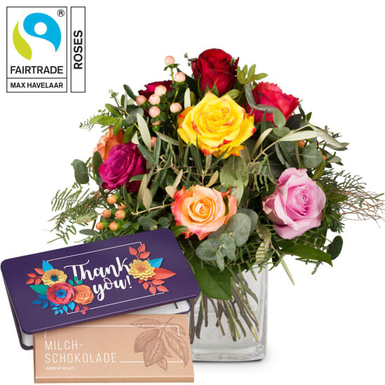 Bellissima mit Fairtrade Max Havelaar-Rosen und Munz Tafelschokolade «Dankeschön» (Minimum)