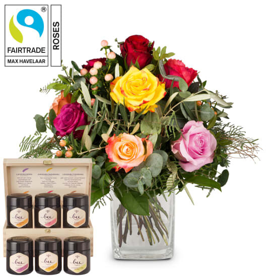 Bellissima mit Fairtrade Max Havelaar-Rosen und Bee-Family-Honig-Geschenkset (Minimum)