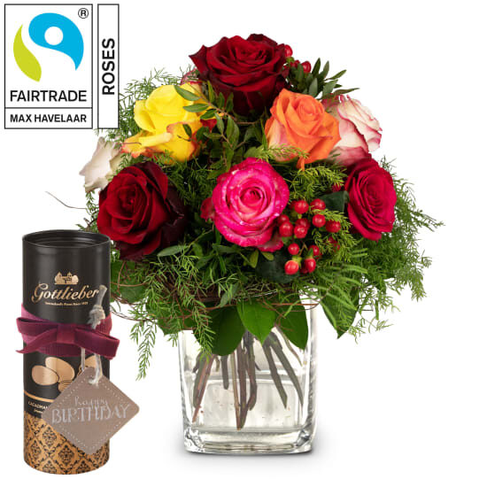 Rosenzauber mit Fairtrade Max Havelaar-Rosen mit Gottlieber Kakaomandeln und hängendem Geschenkanhänger «Happy Birthday» (Minimum)