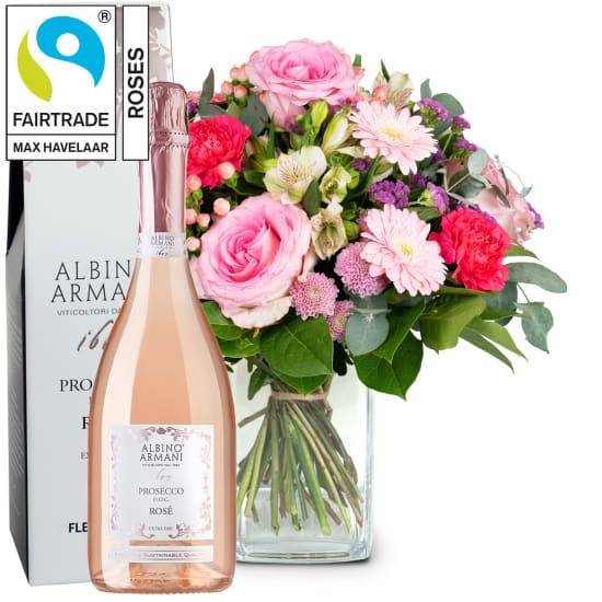 Blumenstrauß „Harmonie“ mit Fairtrade-Rosen von Max Havelaar und Prosecco Rosé Albino Armani DOC (Mindestmenge)