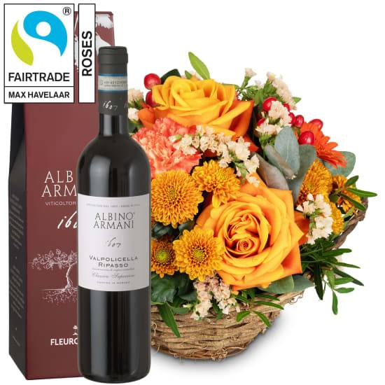 Blumenarrangement «Pura Vida» mit Fairtrade Max Havelaar Rosen und Ripasso Albino Armani DOC (Minimum)